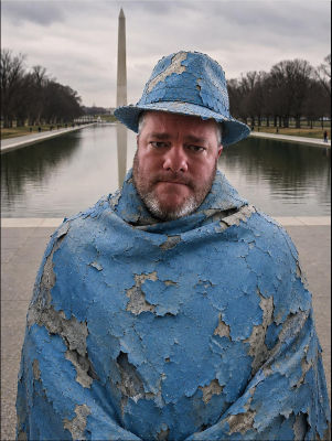 AI-generated image of an unidentified man in peeling blue paint at the Washington Monument