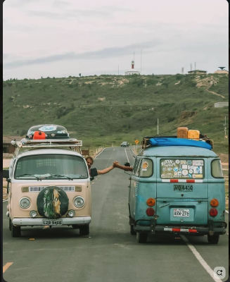 AI-generated image of two Volkswagen camper vans fist-bumping on a road trip