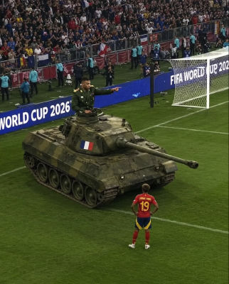 AI-generated image of Lamine Yamal facing a French-military tank at FIFA World Cup 2026