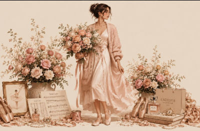 AI-generated illustration of a ballerina with Swan Lake sheet music and roses