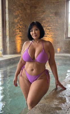 AI-generated image of a woman in a purple bikini by an indoor pool