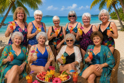 AI-generated beach photo of older women in swimwear