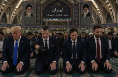 AI-generated image of Donald Trump, JD Vance, and Marco Rubio kneeling in prayer at Iranian shrine