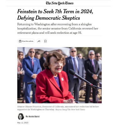 AI-generated image of Dianne Feinstein in New York Times reelection article screenshot