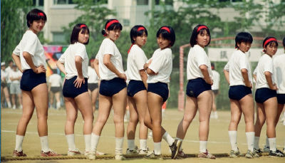 AI-generated image of schoolgirls in PE uniforms at a Japanese school sports day