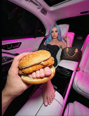 AI-generated image of a woman with blue hair in a luxury car