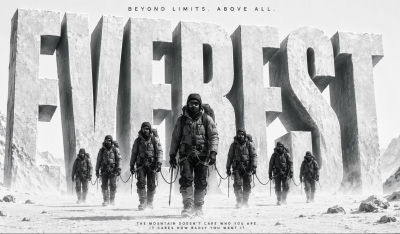 AI-generated Everest movie poster with mountaineers and stone lettering