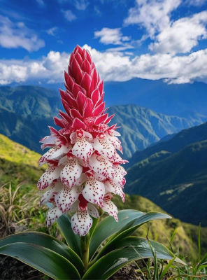 AI-generated image of a pink and white bromeliad flower against a mountain backdrop