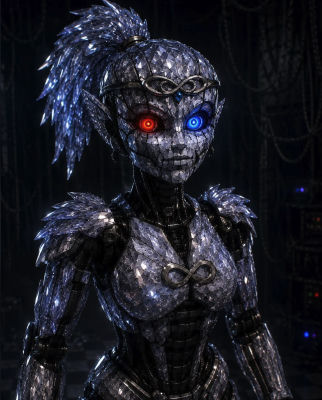 AI-generated crystalline humanoid figure with asymmetrical glowing eyes