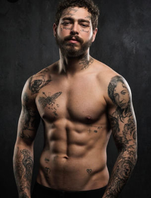 Deepfake of Post Malone shirtless and heavily tattooed in a studio portrait