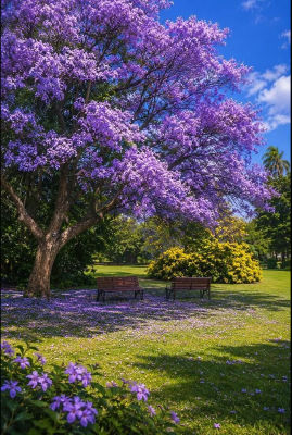 AI-generated image of a jacaranda tree in bloom in a park