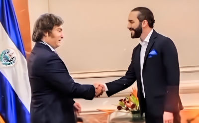 AI-generated image of Javier Milei shaking hands with an official beside the El Salvador flag