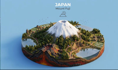 AI-generated diorama illustration of Mount Fuji, Japan