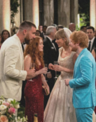 Deepfake of Taylor Swift and Travis Kelce at a wedding with Ed Sheeran