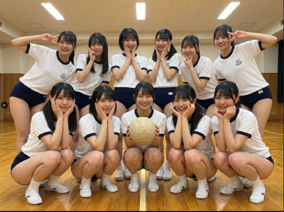 AI-generated image of young women posing as a school volleyball team