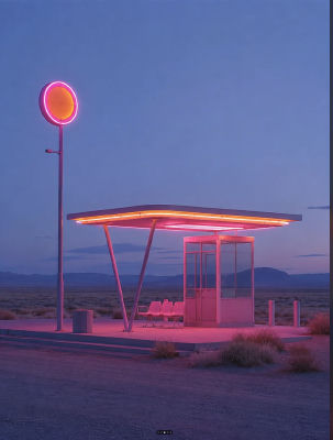 AI-generated illustration of a neon-lit desert bus stop at twilight