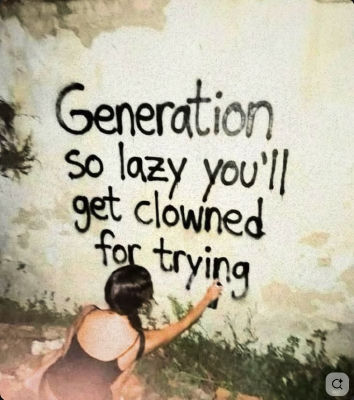 AI-generated image of a person spray-painting 'Generation so lazy you'll get clowmed for trying' on a wall