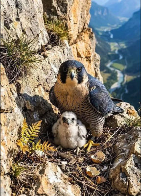 AI-generated image of a peregrine falcon with chick in a cliffside nest