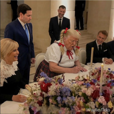 AI-generated image of Donald Trump in pigtails with Melania Trump, Marco Rubio, and Emmanuel Macron at a formal dinner
