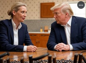 Deepfake of Donald Trump and Edita Brychta seated together at a kitchen counter