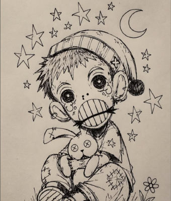 AI-generated sketch of a wide-eyed doll-like figure holding a stitched teddy bear