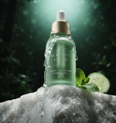 AI-generated product photo of Serenity Elixir aloe and cucumber serum