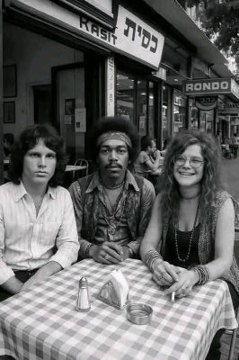 AI-generated image of Jim Morrison, Jimi Hendrix, and Janis Joplin seated at a café