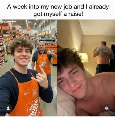 AI-generated meme of a man in suggestive 'got a raise' scenario