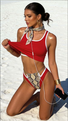 AI-generated image of a woman in a red bikini on a beach