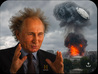 AI-generated image of Vladimir Putin in Ancient Aliens meme with UFO