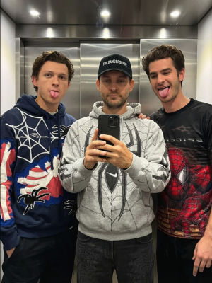 AI-generated selfie of Andrew Garfield, Tom Holland, and Tobey Maguire in Spider-Man attire