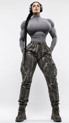 AI-generated image of a muscular woman in athletic wear and camouflage cargo pants