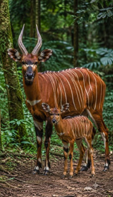 AI-generated image of bongo antelopes with calf in a forest