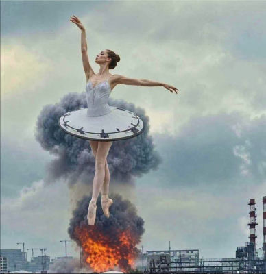 AI-generated image of a ballerina leaping in front of an industrial explosion