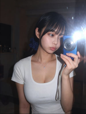 AI-generated mirror selfie of a young woman holding a blue camera