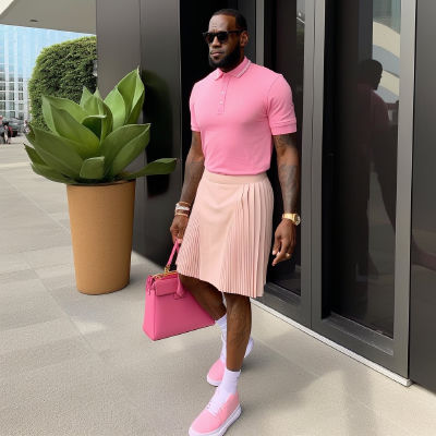 AI-generated image of LeBron James in a pink polo and pleated skirt