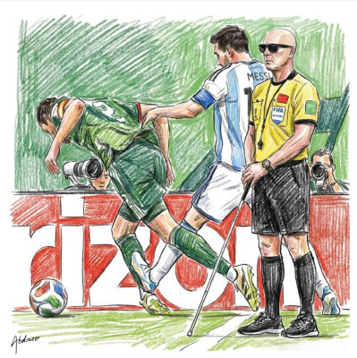 AI-generated illustration of Messi and a Mexico player in a soccer match