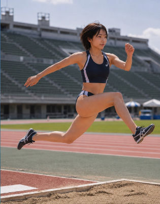 AI-generated image of a woman performing a long jump at a stadium