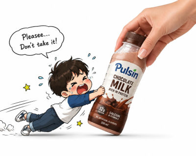 AI-generated illustration of a child pleading over a Pulsin chocolate milk bottle