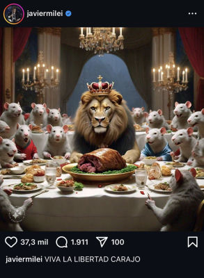 AI-generated crowned-lion and rats illustration posted from Javier Milei's Instagram account