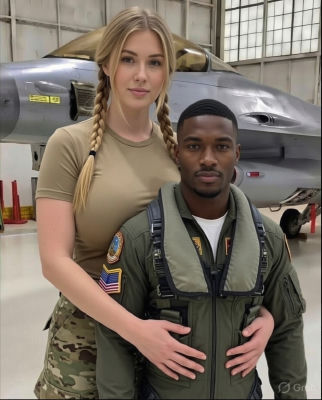 AI-generated image of a woman posing with a man in a military flight suit
