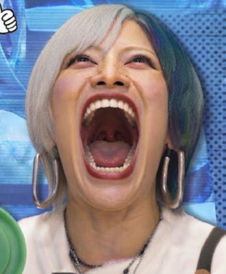 AI-generated image of a person with split-dyed silver and green hair laughing