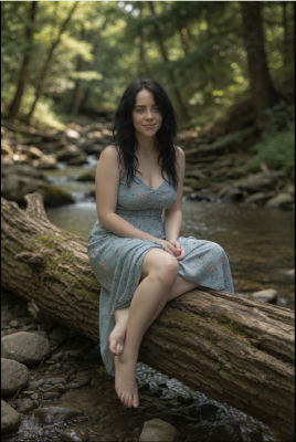 Deepfake of Billie Eilish seated on a log by a forest stream