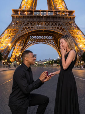 AI-generated image of Kylian Mbappé proposing to Ester Expósito at the Eiffel Tower