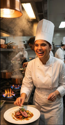 Deepfake of a woman smiling in a professional kitchen