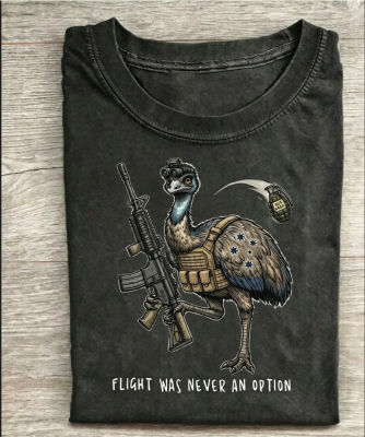 AI-generated emu rifle 'Flight Was Never An Option' t-shirt design