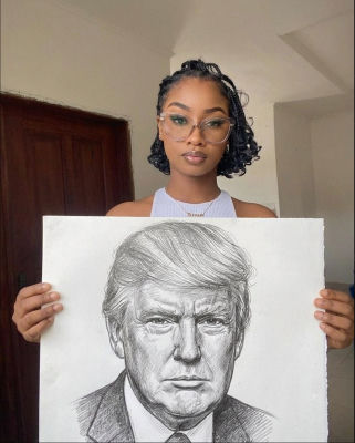 Deepfake showing a person holding a Donald Trump pencil portrait sketch