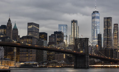 AI-generated New York City skyline with Brooklyn Bridge and One World Trade Center