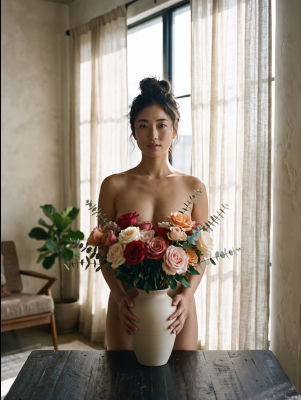 AI-generated portrait of a woman with a bouquet of roses
