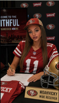 AI-generated image of 'Woahvicky' shown as a San Francisco 49ers wide receiver at a press conference